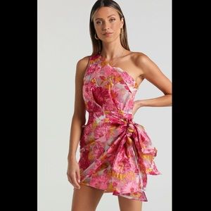 Showpo Reverse Brailey One Shoulder Knot Front Mini Dress in Pink Floral NWT